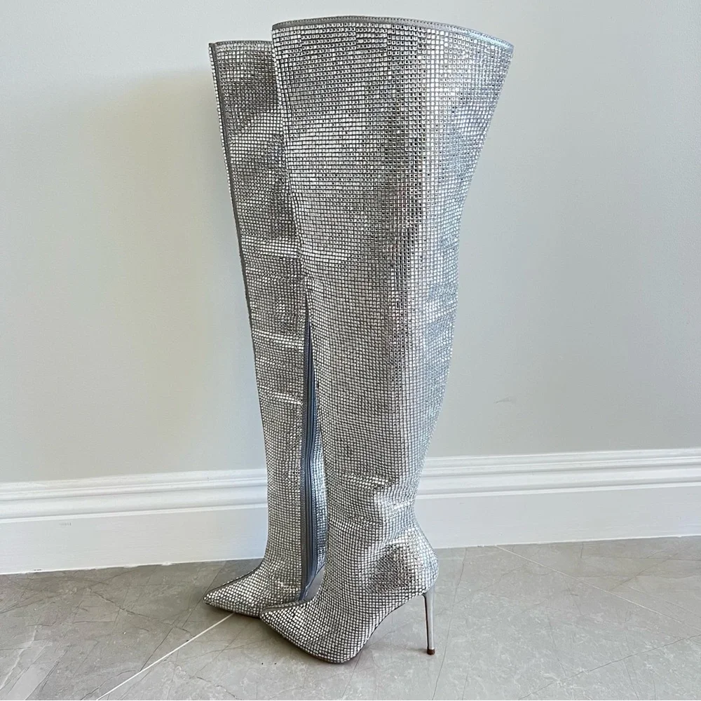 STEVE MADDEN Skyscraper Rhinestone Bling Silver Over The Knee Heels Boots Sz 6.5